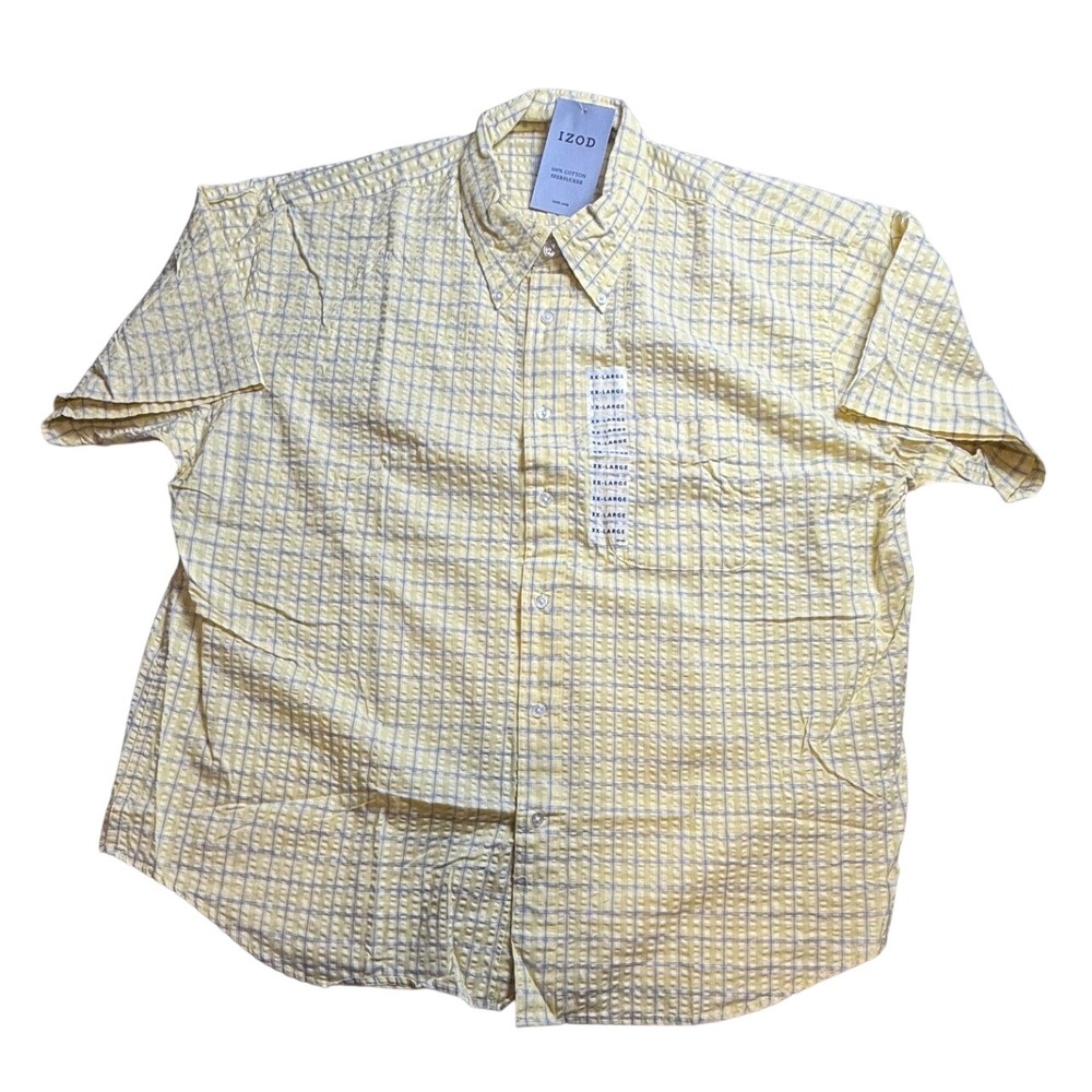 IZOD Mens XXL Yellow Blue Plaid Seersucker Short Sleeve Button Up Shirt NWT-2398